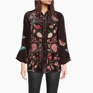 JOHNNY WAS Luciana Floral Butterfly Velvet Kimono Sleeve Shirt Coffee XXL NEW